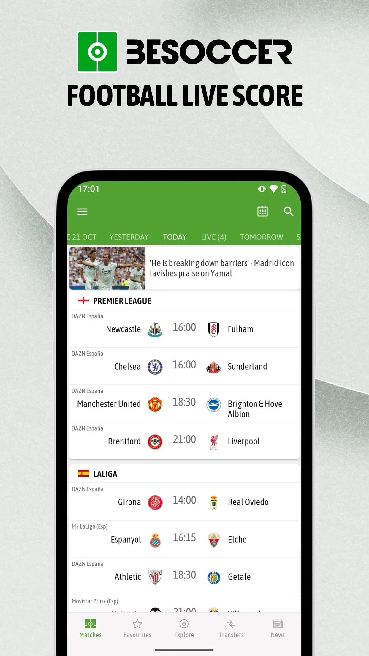 The latest version of the BeSoccer app in English.